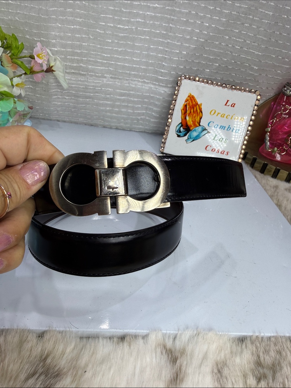 (H)Salvatore Ferragamo reversible belt, black and brown with silver buckle,Sz 32